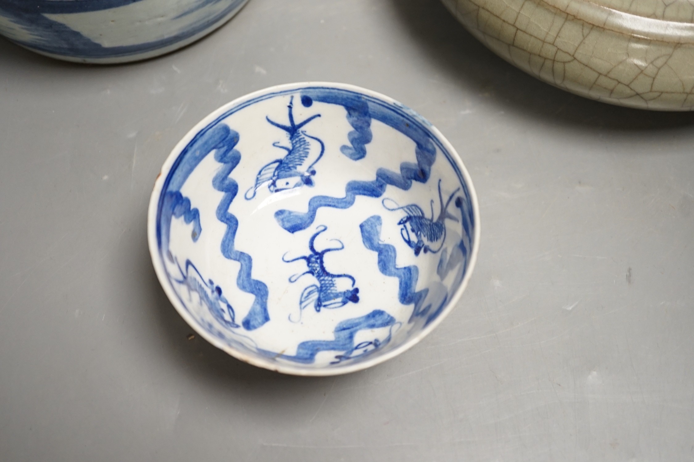 A Chinese celadon glazed censer, 20cm high, a blue and white jar and a bowl, jar 16cms high